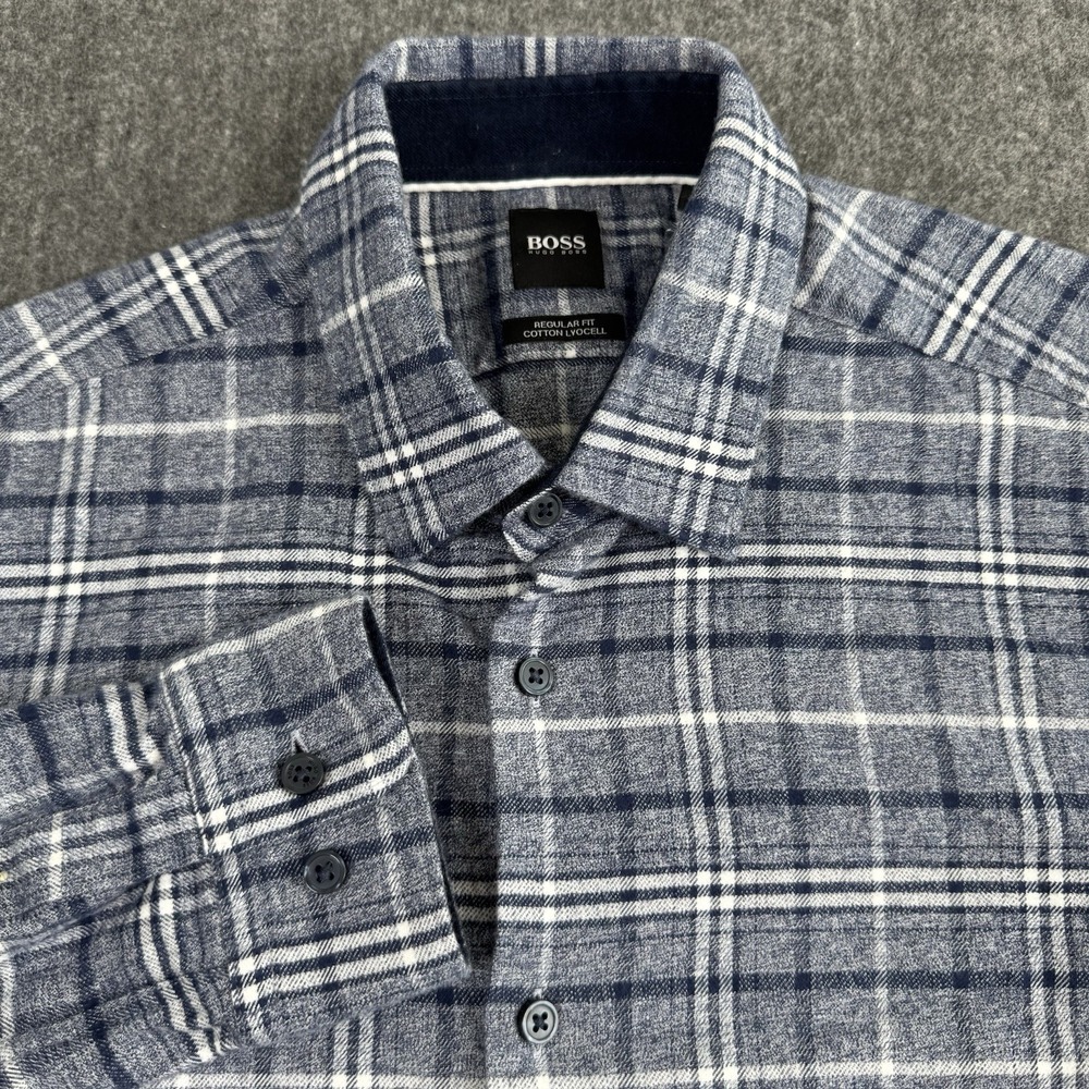 BOSS Hugo Boss Men's L Regular Fit Blue Plaid Cotton Lyocell Long Sleeve Shirt